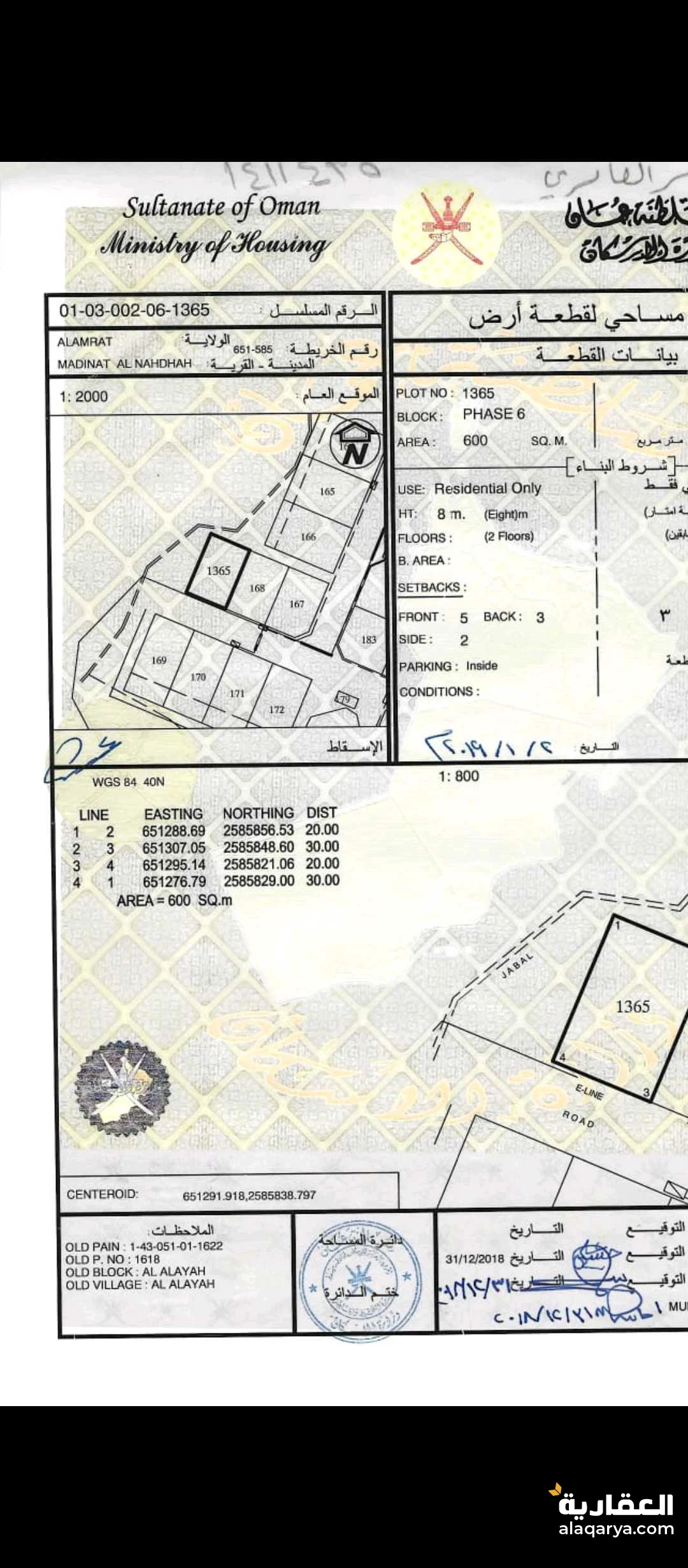 فرصه ارض سكنيه ف العامرات ف العلايه زاويه جنب بيوت تبعد عن شارع 500مترا وكامل خد