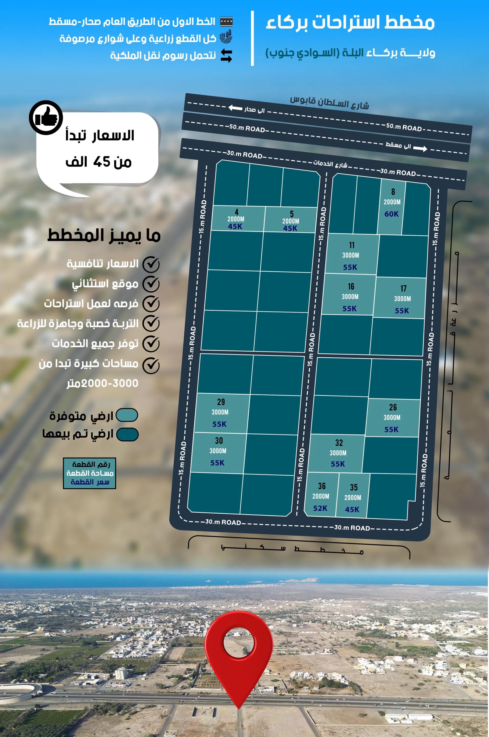 #أراضي زراعية بوحدة سكنية _ ولاية بركاء/ السوادي جنوب احجز الان ارضك باقي ⁦⁦12⁩⁩ قطعة فقط